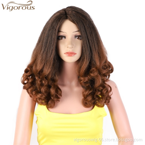 Vigorous 20 inch Synthetic High Temperature Fiber Afro Yaki Straight Wig Wave Ends Kinky Fluffy Hair Wig Wholesale Price